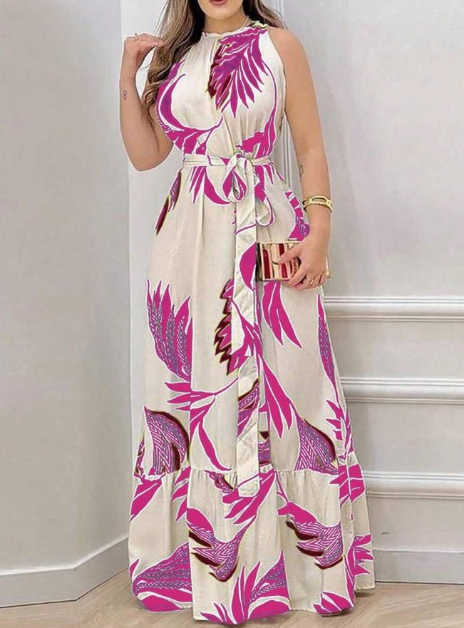 Women Plant Print Sleeveless Dress, Casual Vacation Style Maxi Women Outfit - Sophinity