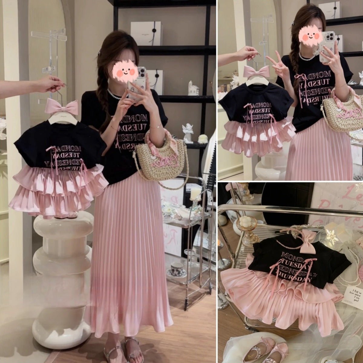 Girls' Pleated Skirt Western Style Letter T-shirt Two - piece Suit - Sophinity