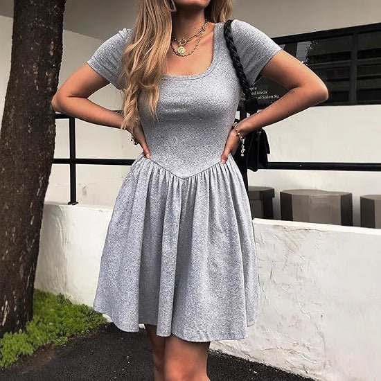 Short Sleeve Square Collar Elegant Women's Slim Fit Pure Color Slimming Dress - Sophinity