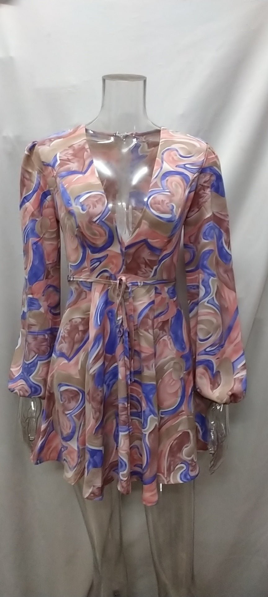 New Sexy Deep V Lace Print Lantern Sleeve Dress - Sophinity