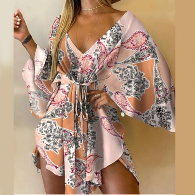 Autumn V - neck Irregular Batwing Sleeve Lace - up Dress - Sophinity