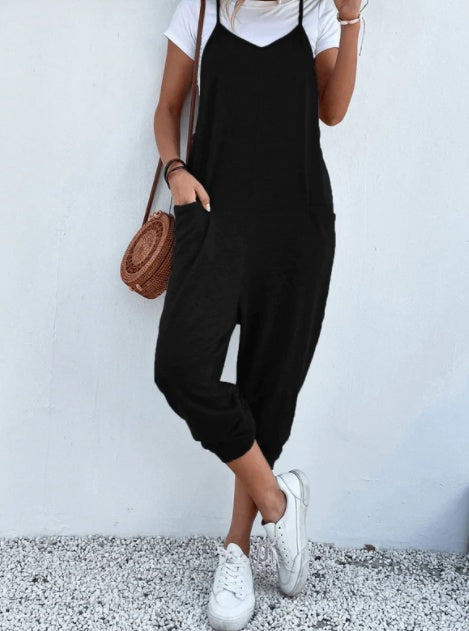 Women's Solid Color Zipper Patch Pocket Sling Jumpsuit For Women - Sophinity