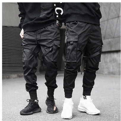 Hot Sale Men Black Hip Hop Cargo Pants Elastic Waist Jogger Trousers Sweatpants Pockets Full Length Casual Fashion - Sophinity