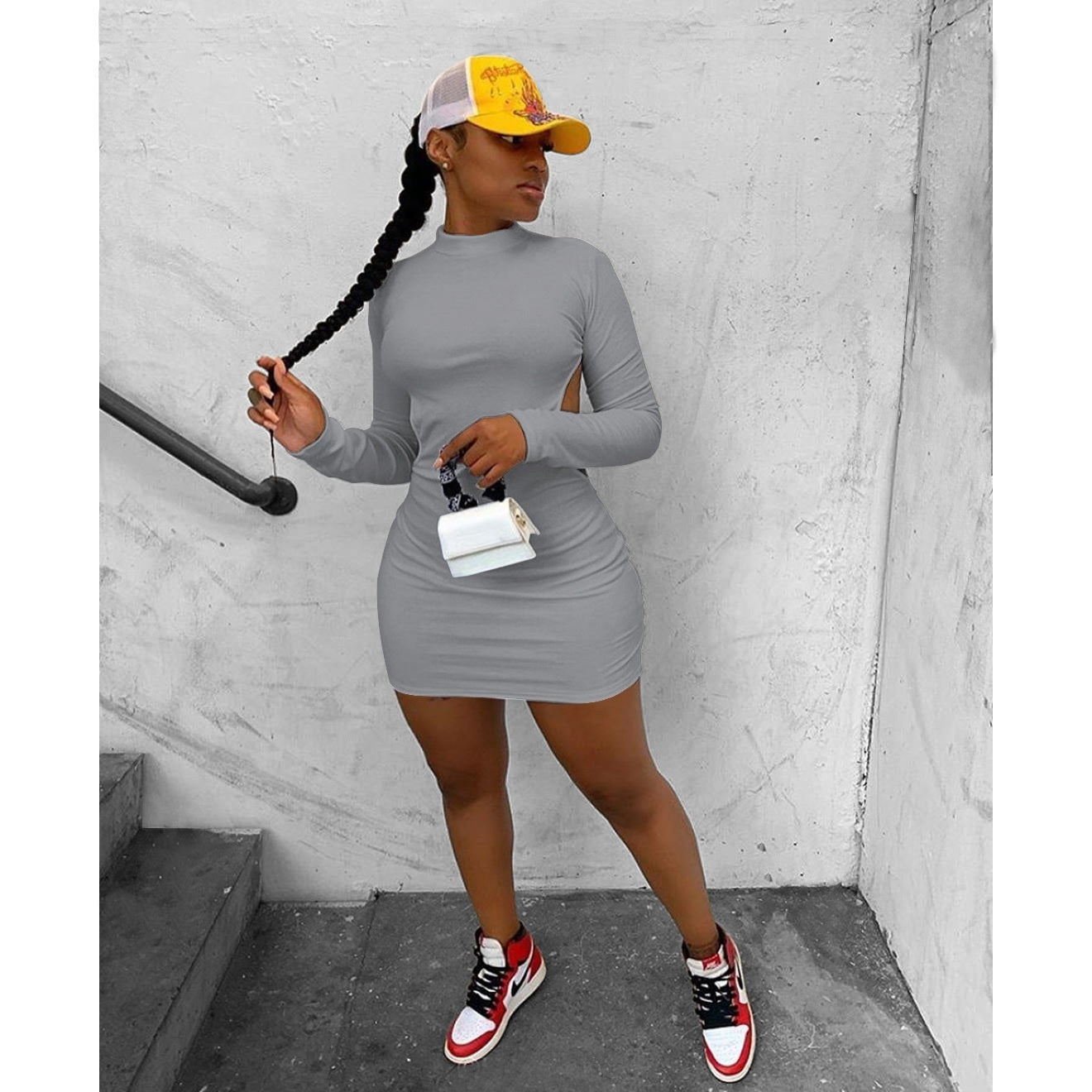 Solid Color High - elastic Long Sleeve Backless Dress - Sophinity