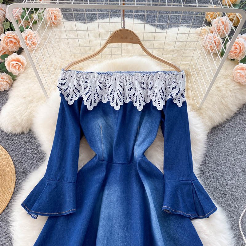 Small One Shoulder Stitching Denim Dress - Sophinity