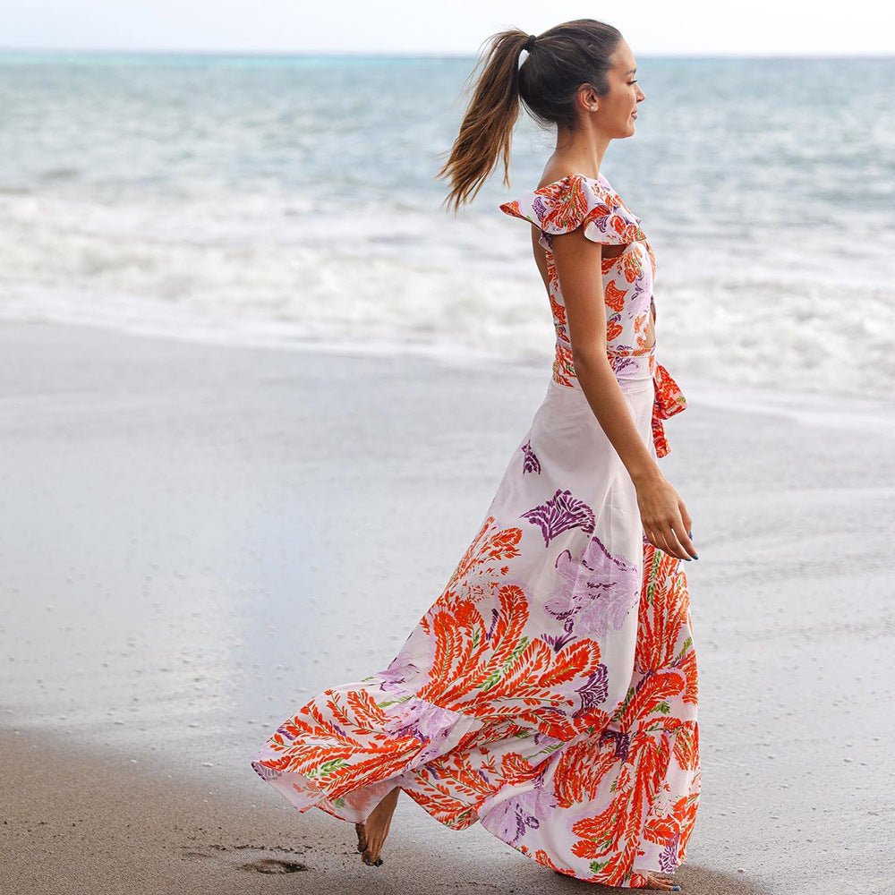 Printed Ruffle One Piece Swimming Costume Women Chiffon Maxi Dress - Sophinity