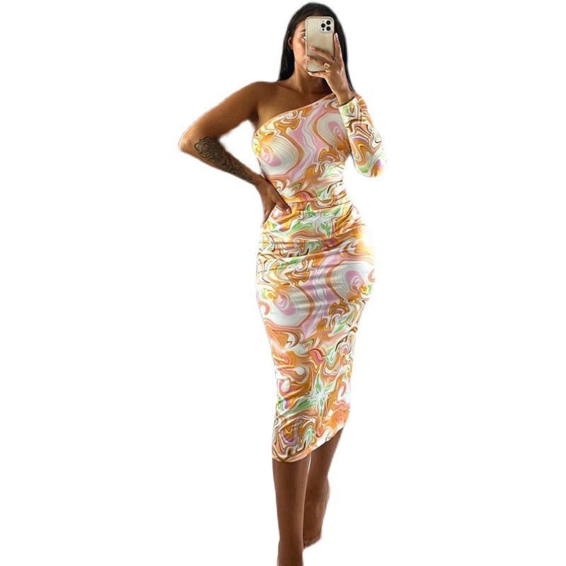 Fashion Printed Slanted Shoulder Long - sleeved Slim Slimming Dress - Sophinity