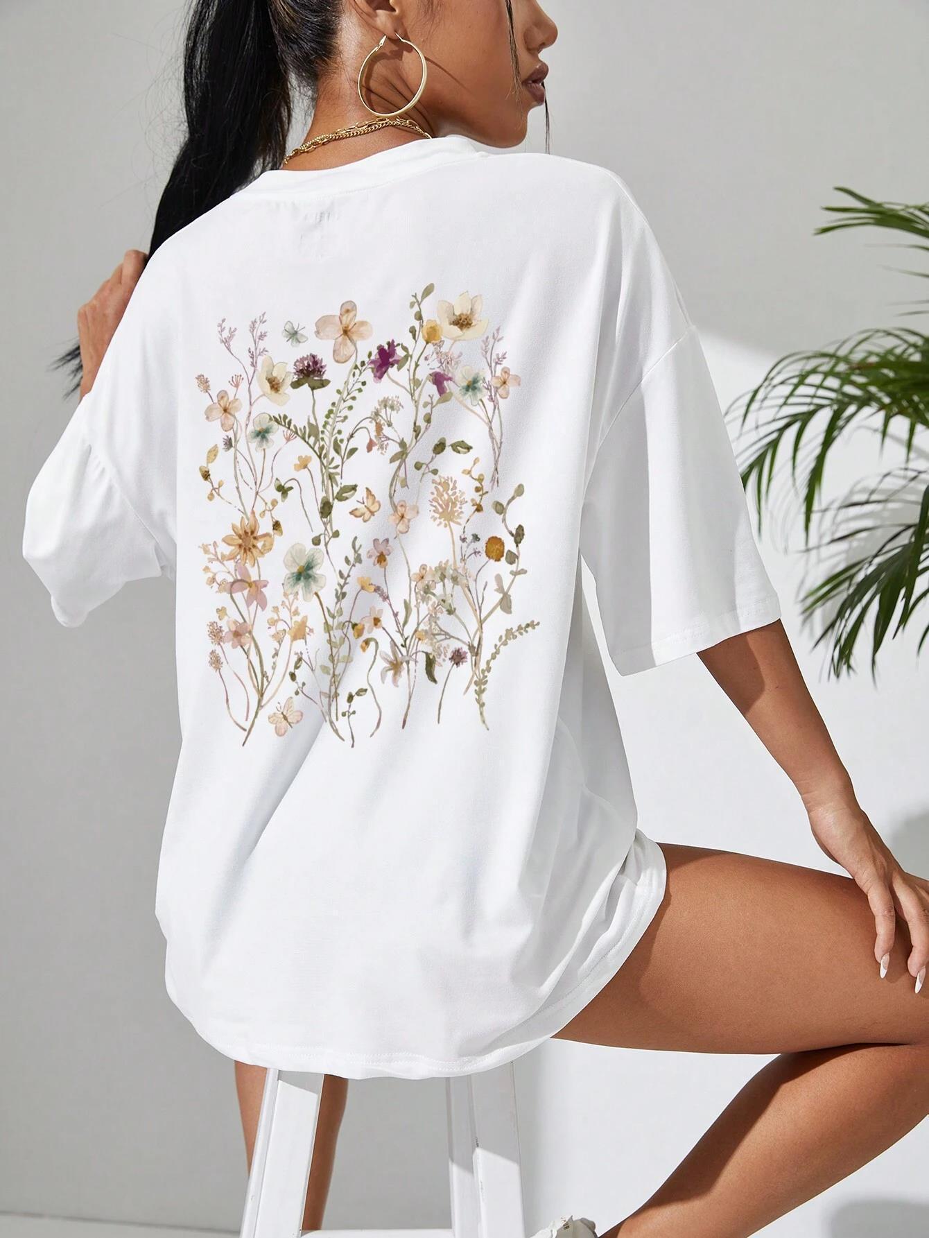 Beautiful Flower Clusters Print Cotton Women T-shirts Casual - Sophinity