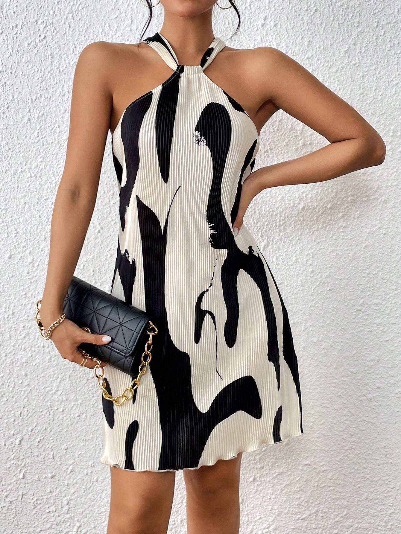 Women's Elegant Vacation Casual Backto School Pleated Halter Mini Dress - Sophinity