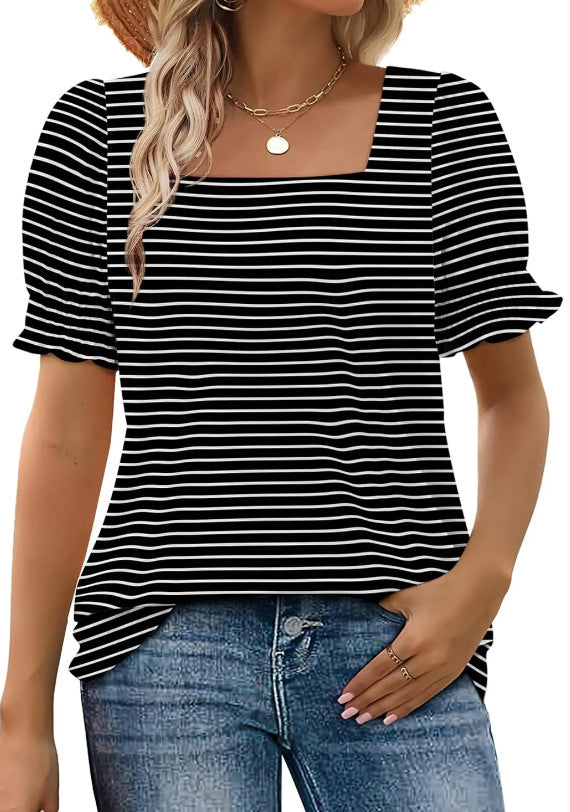 Spring And Summer New Fashion Simple U-neck Petal Sleeve Loose T-shirt - Sophinity