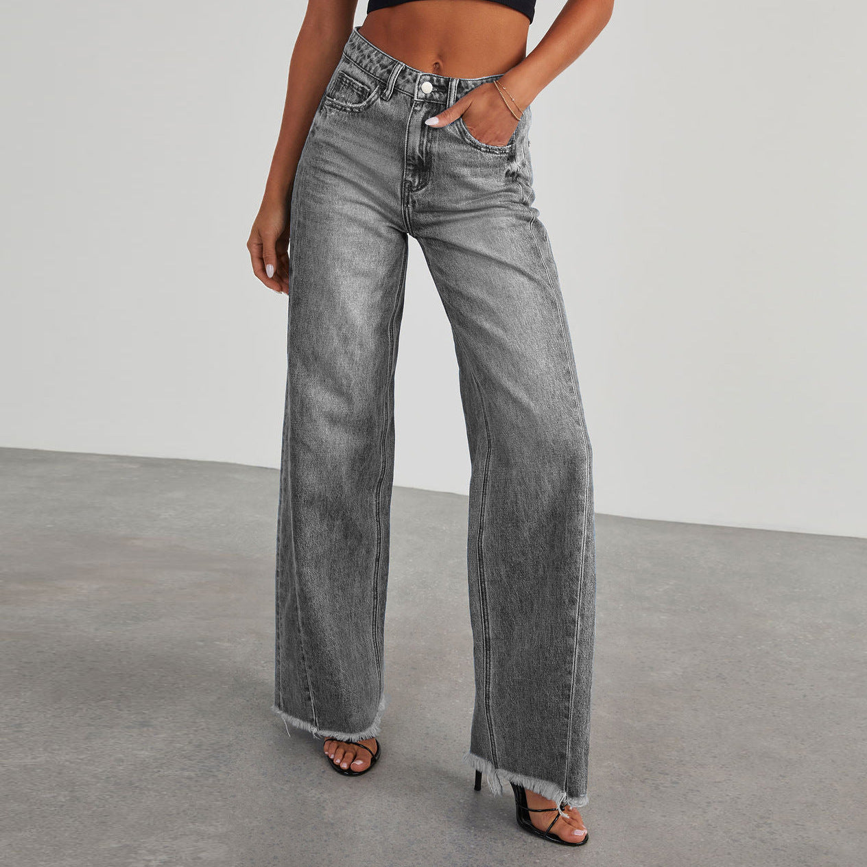 Fashion High Waist Jeans With Pockets Comfortable Slim Fit Straight Wide-leg Pants Womens Clothing - Sophinity