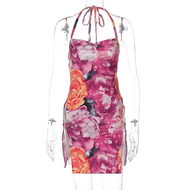 Summer New Fashion Sexy Lace - up Backless Floral Print Slit Dress - Sophinity