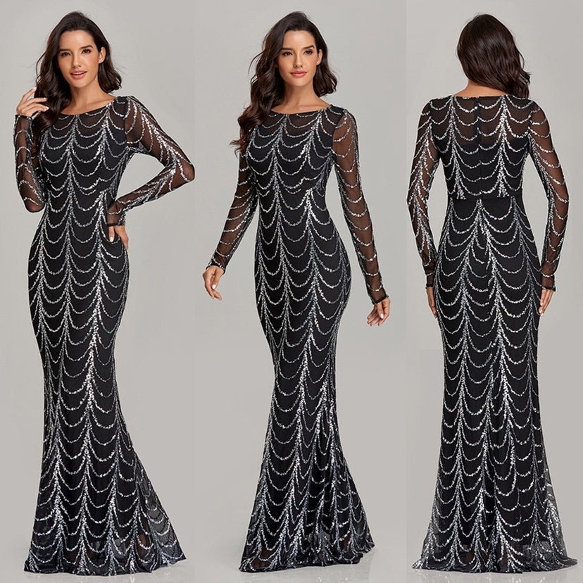 Sequins Women Maxi Dresses Long Sleeve Female Party Dresses - Sophinity