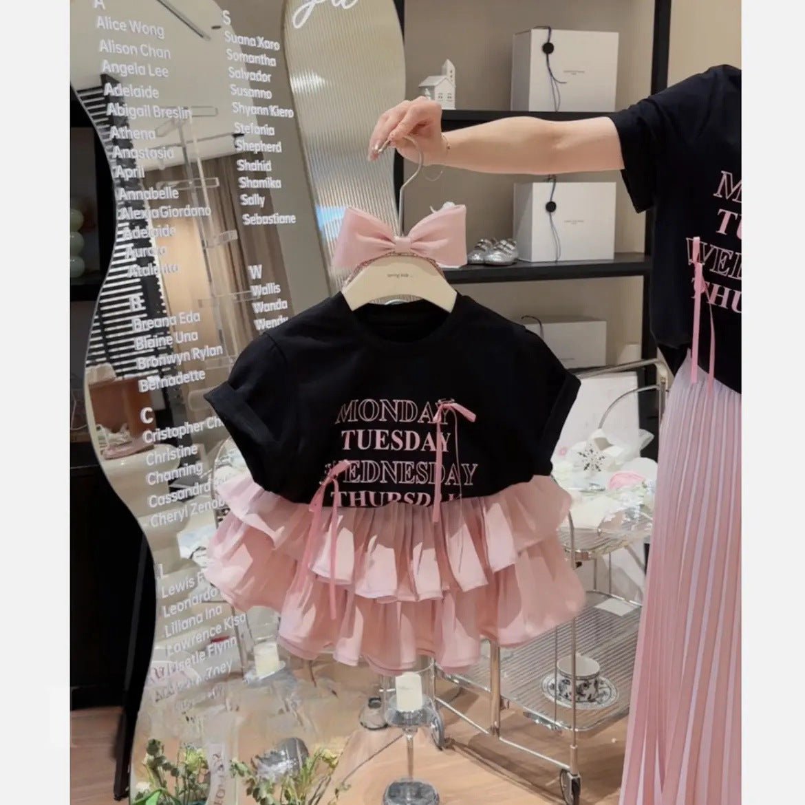 Girls' Pleated Skirt Western Style Letter T-shirt Two - piece Suit - Sophinity