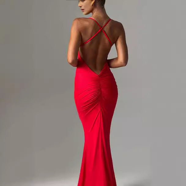 Women's Backless Cross Shoulder Strap Pleated Dress - Sophinity
