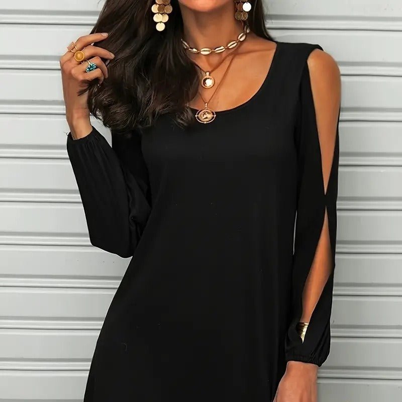 Deep Round Neck Loose Off - the - shoulder Long Sleeve Casual Beach Broken Dress - Sophinity