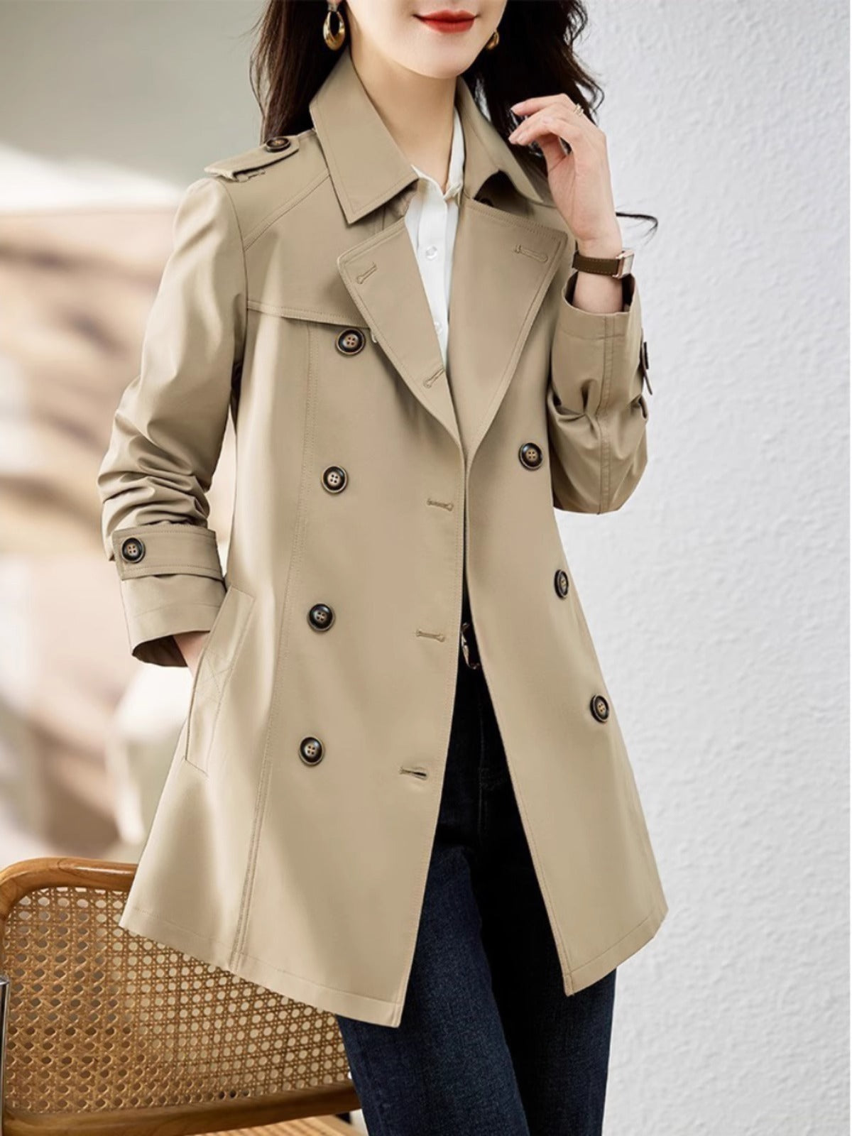 Women's Mid-length Trench Coat Double Breasted Fitted Waist Overcoat - Sophinity