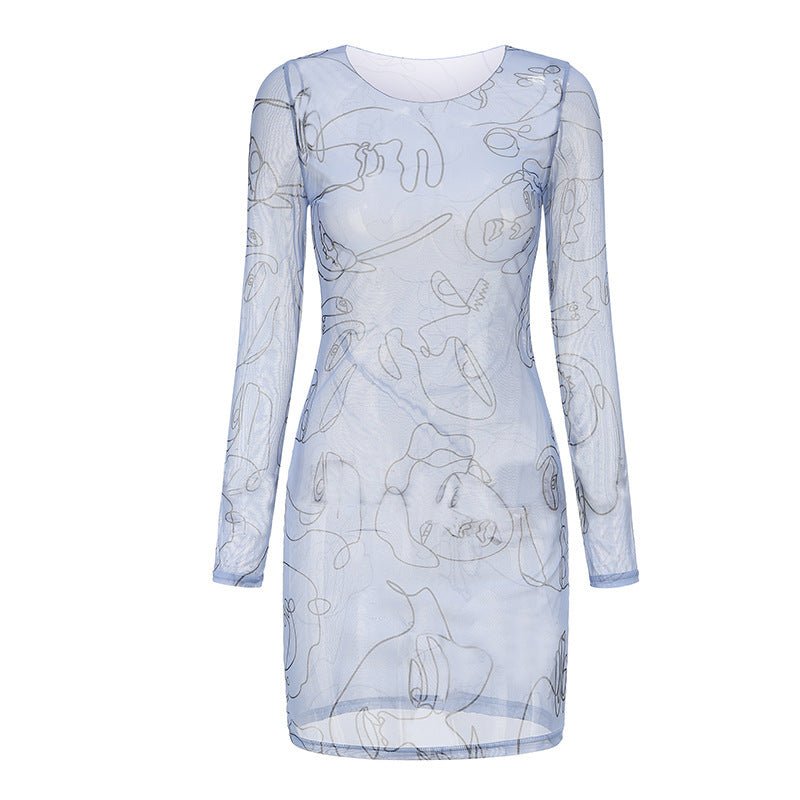 Women's Round Neck Long Sleeve Art Graffiti Slim Dress - Sophinity