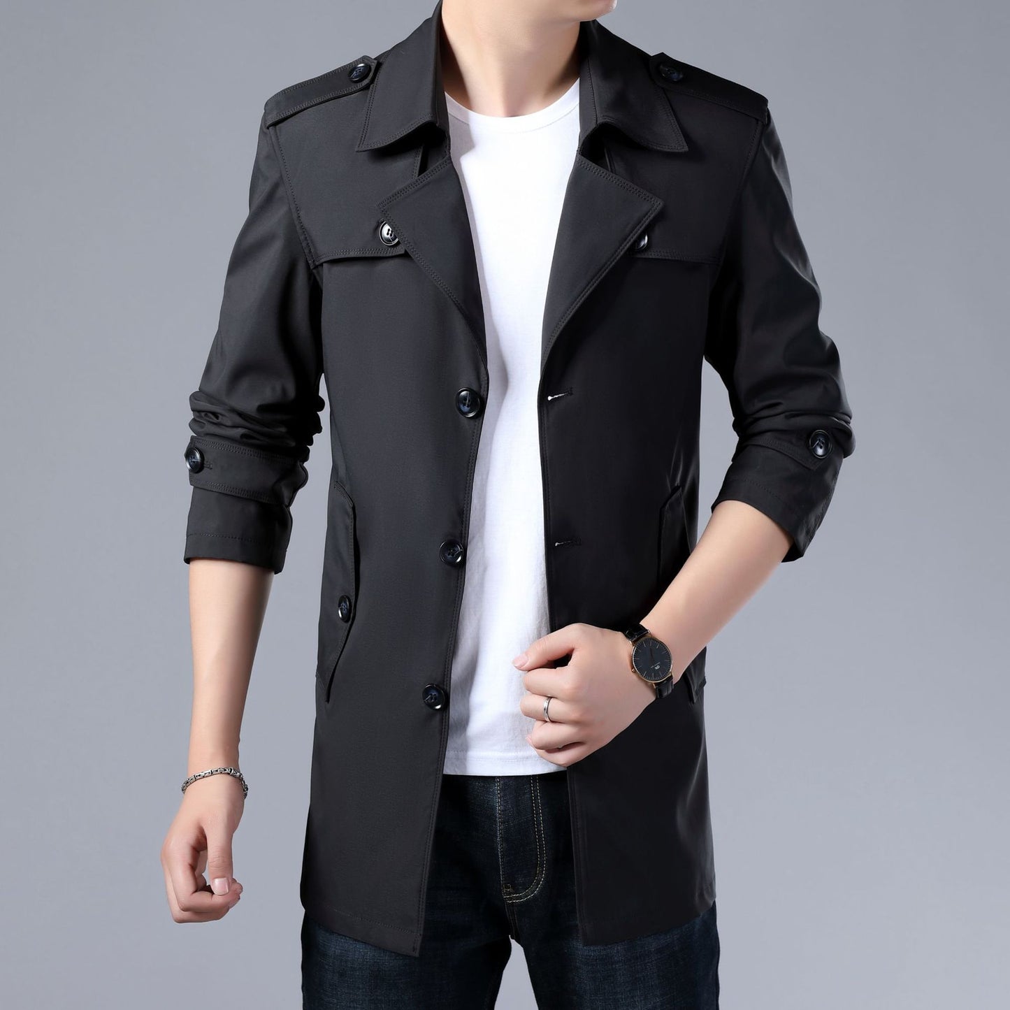 Spring And Autumn Men's Trench Coat With Buttons Top Quality Jacket Slim Regular Classic Jacket - Sophinity