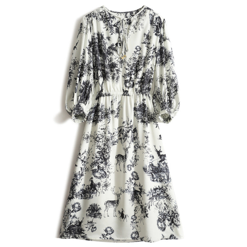 Elastic Heavy Crepe Silk Lantern Sleeve Dress - Sophinity