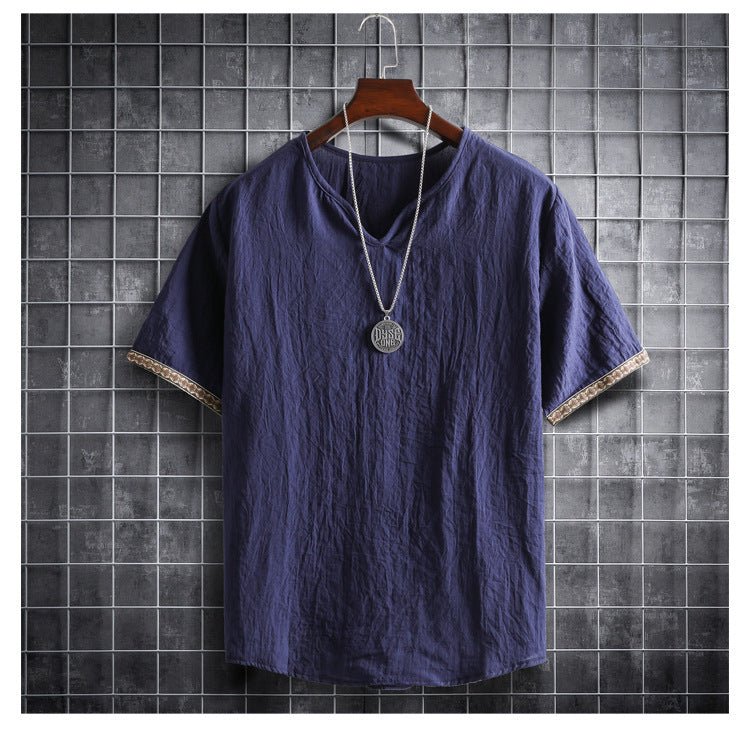 Vintage Linen V - Neck Short Sleeve T-Shirt Running Volume - Sophinity
