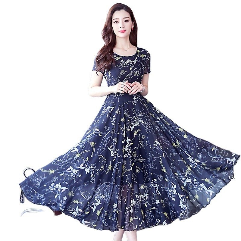 Middle - aged Ice Silk Large Swing Dress Elegant Floral Slimming Long Dress Women - Sophinity