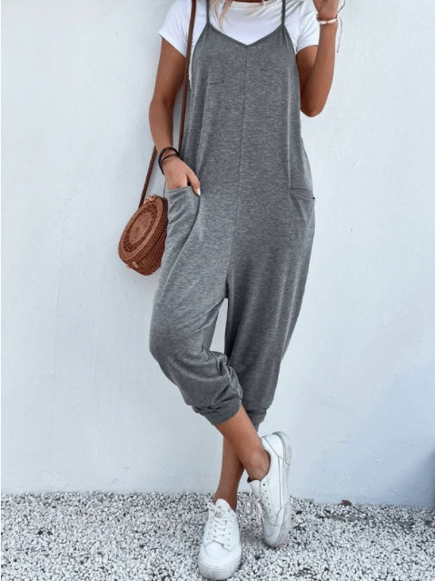 Women's Solid Color Zipper Patch Pocket Sling Jumpsuit For Women - Sophinity