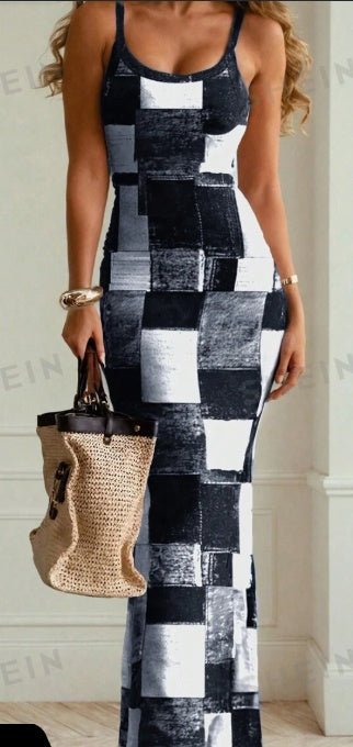 Women's Fashionable Grid Patterned Slim Fit Bodycon Dress - Sophinity