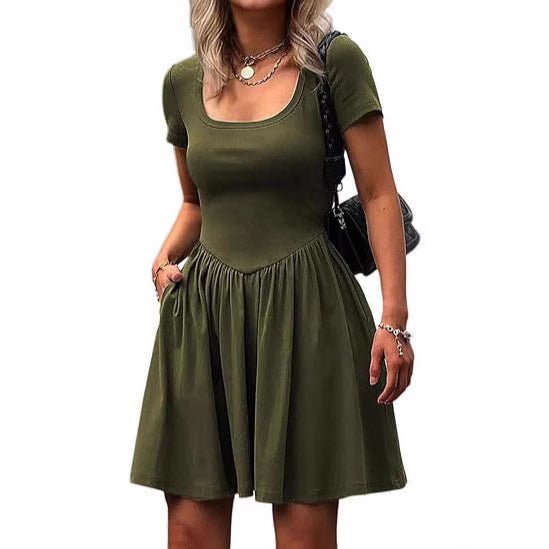 Short Sleeve Square Collar Elegant Women's Slim Fit Pure Color Slimming Dress - Sophinity