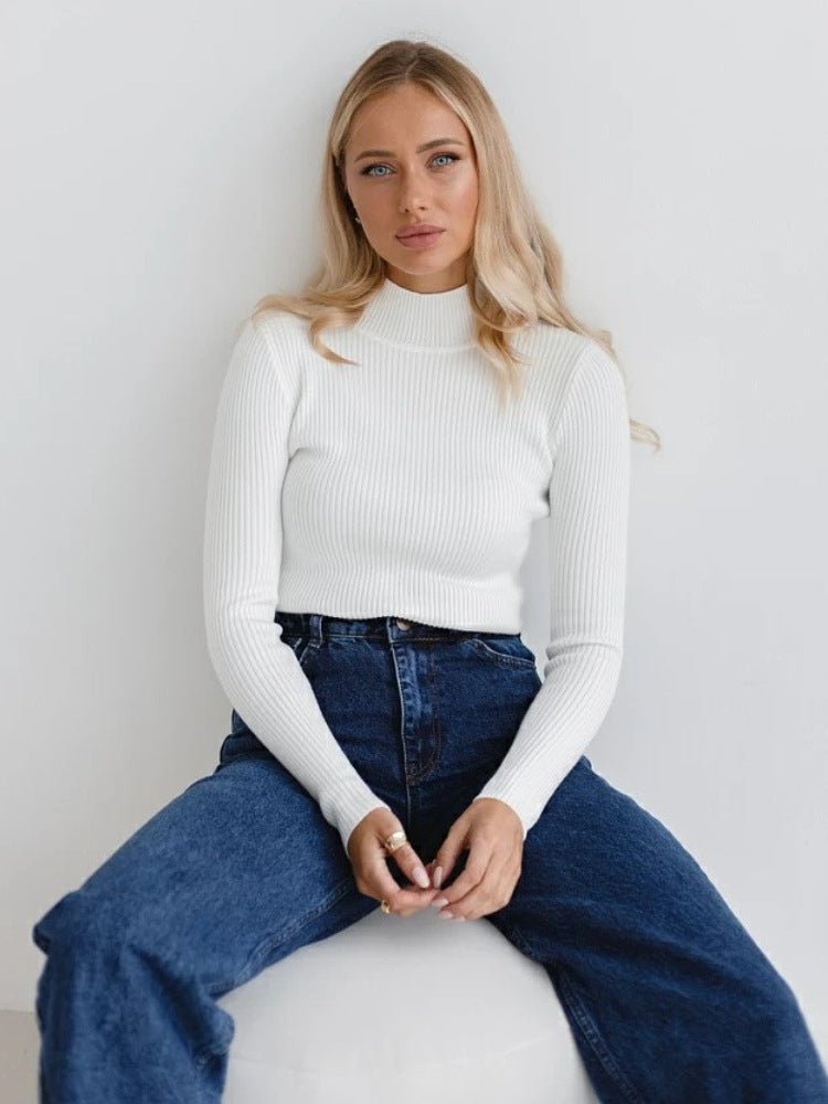 Women's Fashion Simple Pure Color Half Collar Sweater - Sophinity