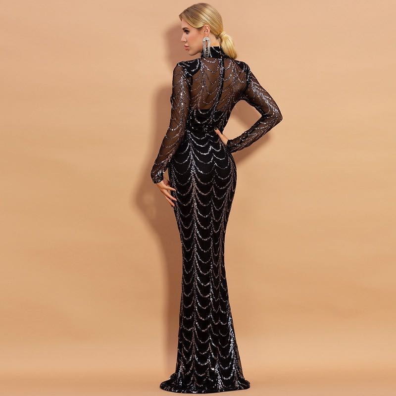 Sequins Women Maxi Dresses Long Sleeve Female Party Dresses - Sophinity