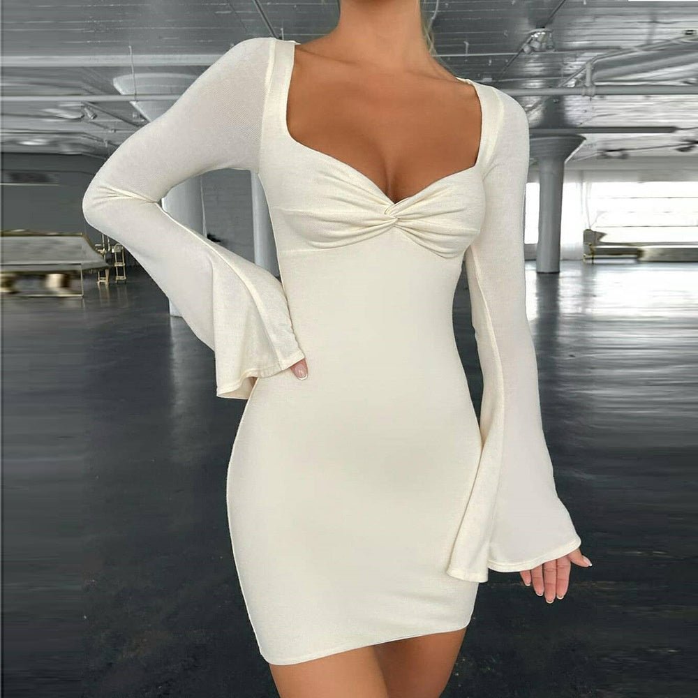 Solid Color Square Neck Flared Sleeve Slim Sexy Hip Dress - Sophinity