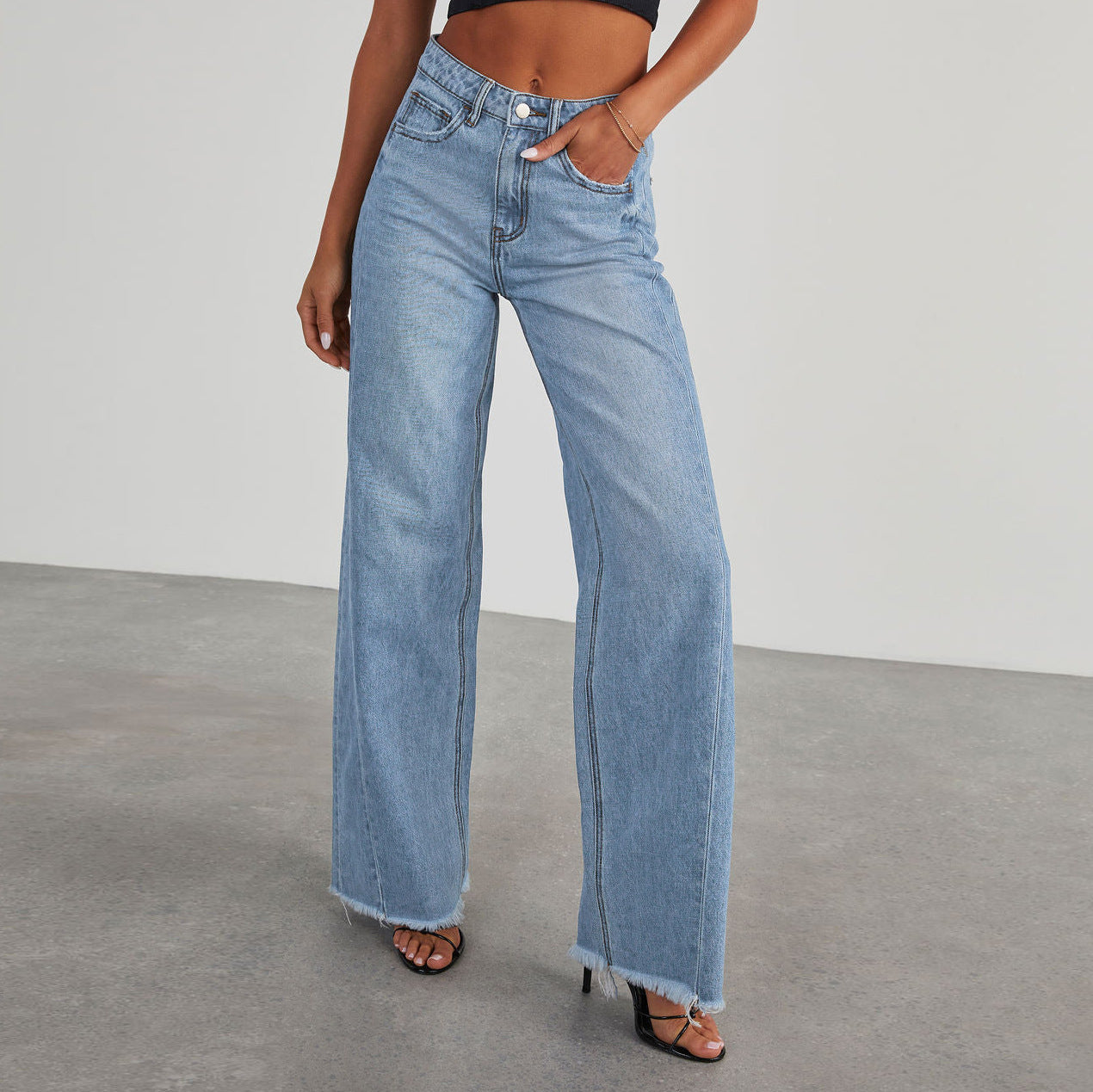 Fashion High Waist Jeans With Pockets Comfortable Slim Fit Straight Wide-leg Pants Womens Clothing - Sophinity