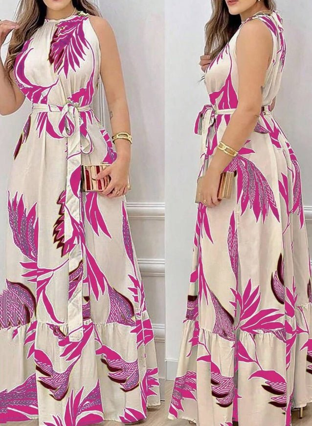Women Plant Print Sleeveless Dress, Casual Vacation Style Maxi Women Outfit - Sophinity
