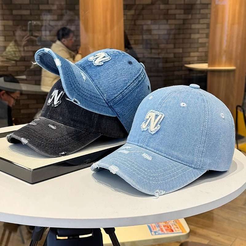 Embroidered Denim Letter Baseball Women's Ripped Peaked Cap Sun Hat - Sophinity