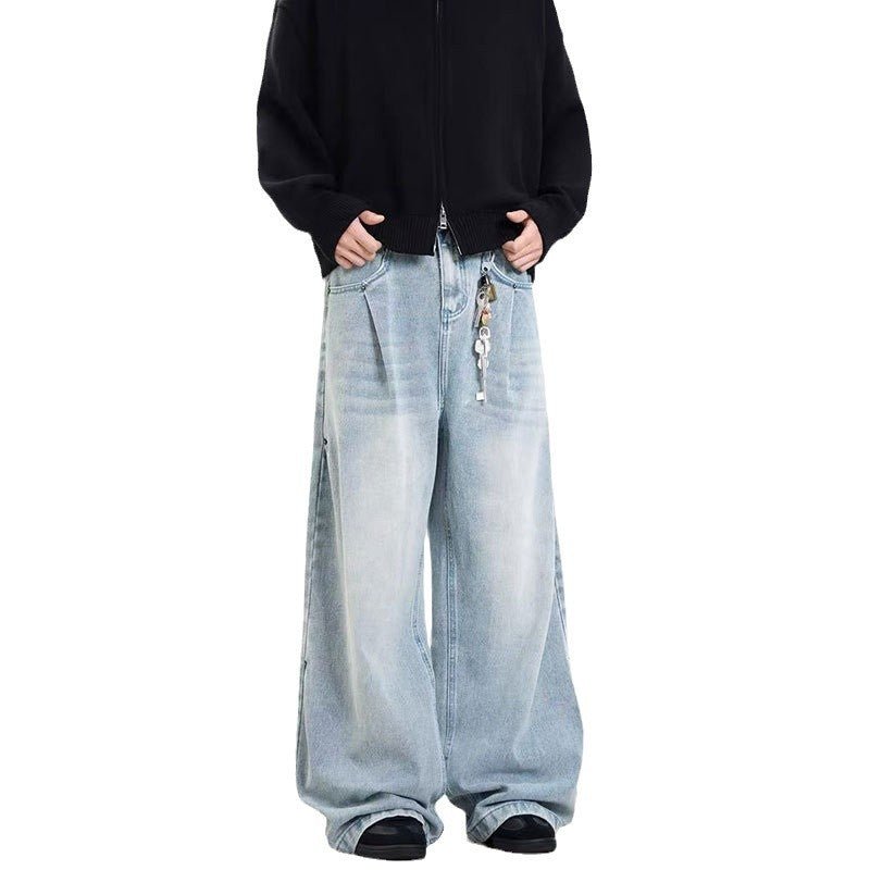Retro Side Double Oblique Pleated Washed Blue Jeans For Men And Women - Sophinity
