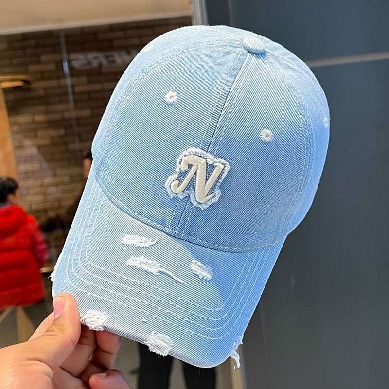 Embroidered Denim Letter Baseball Women's Ripped Peaked Cap Sun Hat - Sophinity