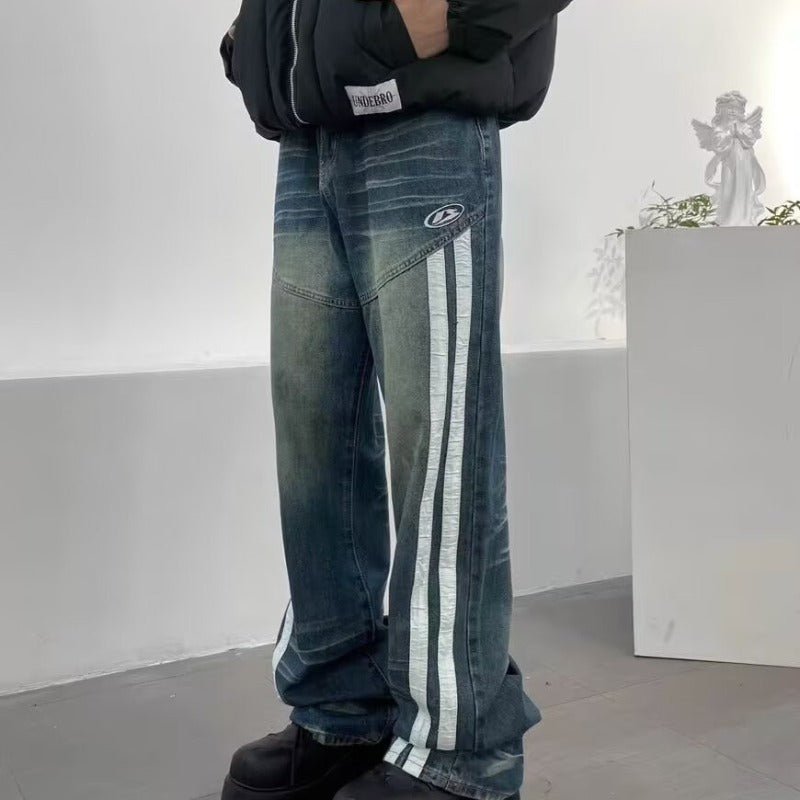 New Jeans Retro Distressed Three Bars Straight Men - Sophinity