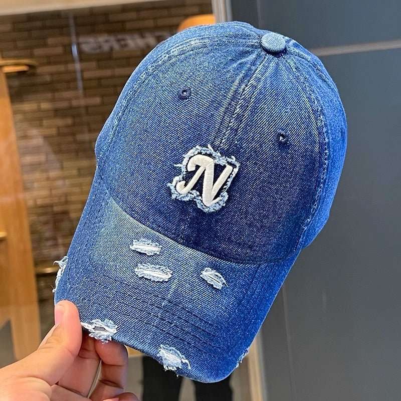 Embroidered Denim Letter Baseball Women's Ripped Peaked Cap Sun Hat - Sophinity