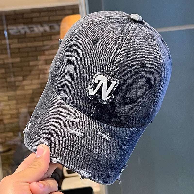 Embroidered Denim Letter Baseball Women's Ripped Peaked Cap Sun Hat - Sophinity