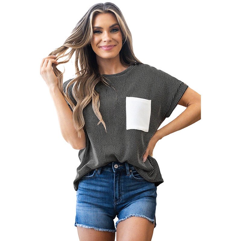 Casual Simple All - match Loose Pullover Women's New Color Matching Patch Pocket Round Neck Short Sleeve T-shirt - Sophinity