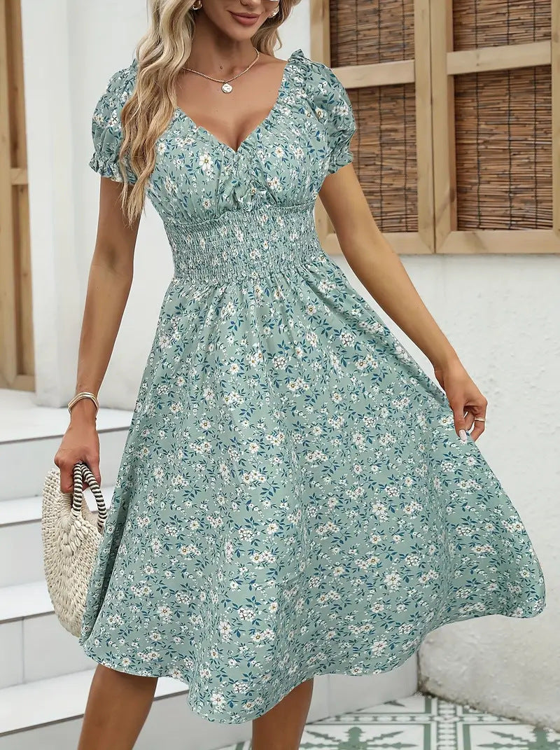 Vintage Floral Puff Sleeve French Dress - Sophinity