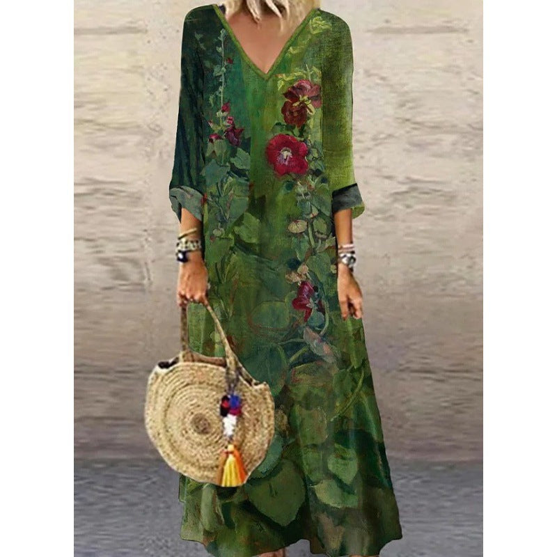 Women's Fashion Abstract Printing Long Dress - Sophinity
