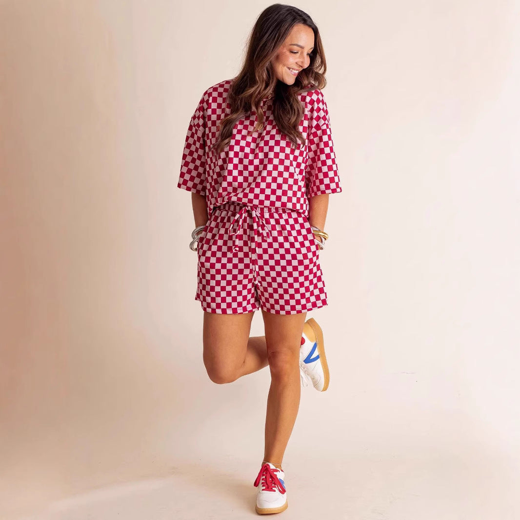 New Comfort Loose Leisure Suit Women's European And American Fashion Plaid Short-sleeved Shirt And Shorts Two-piece Set - Sophinity