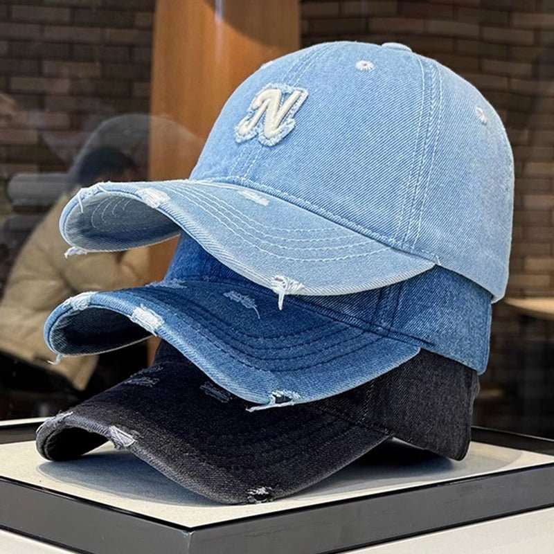 Embroidered Denim Letter Baseball Women's Ripped Peaked Cap Sun Hat - Sophinity