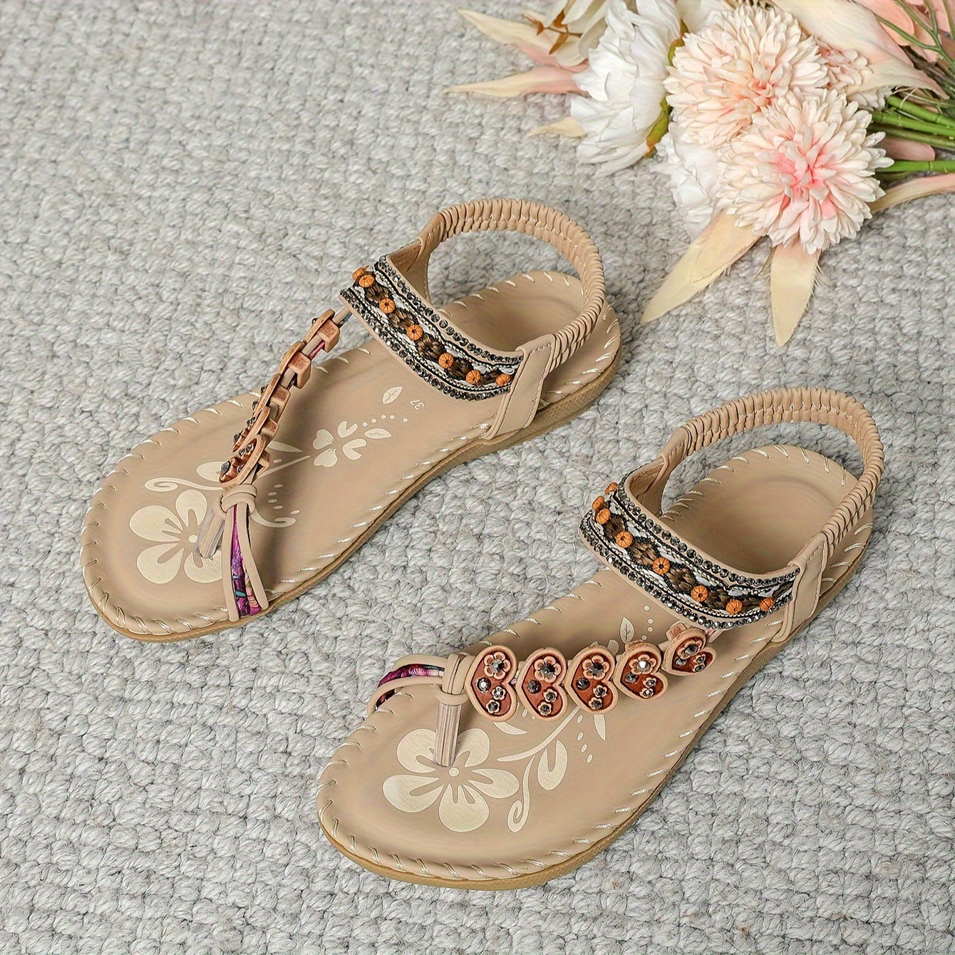 Bohemian Thong Sandals Summer Fashion Flowers Flat Beach Shoes For Women - Sophinity