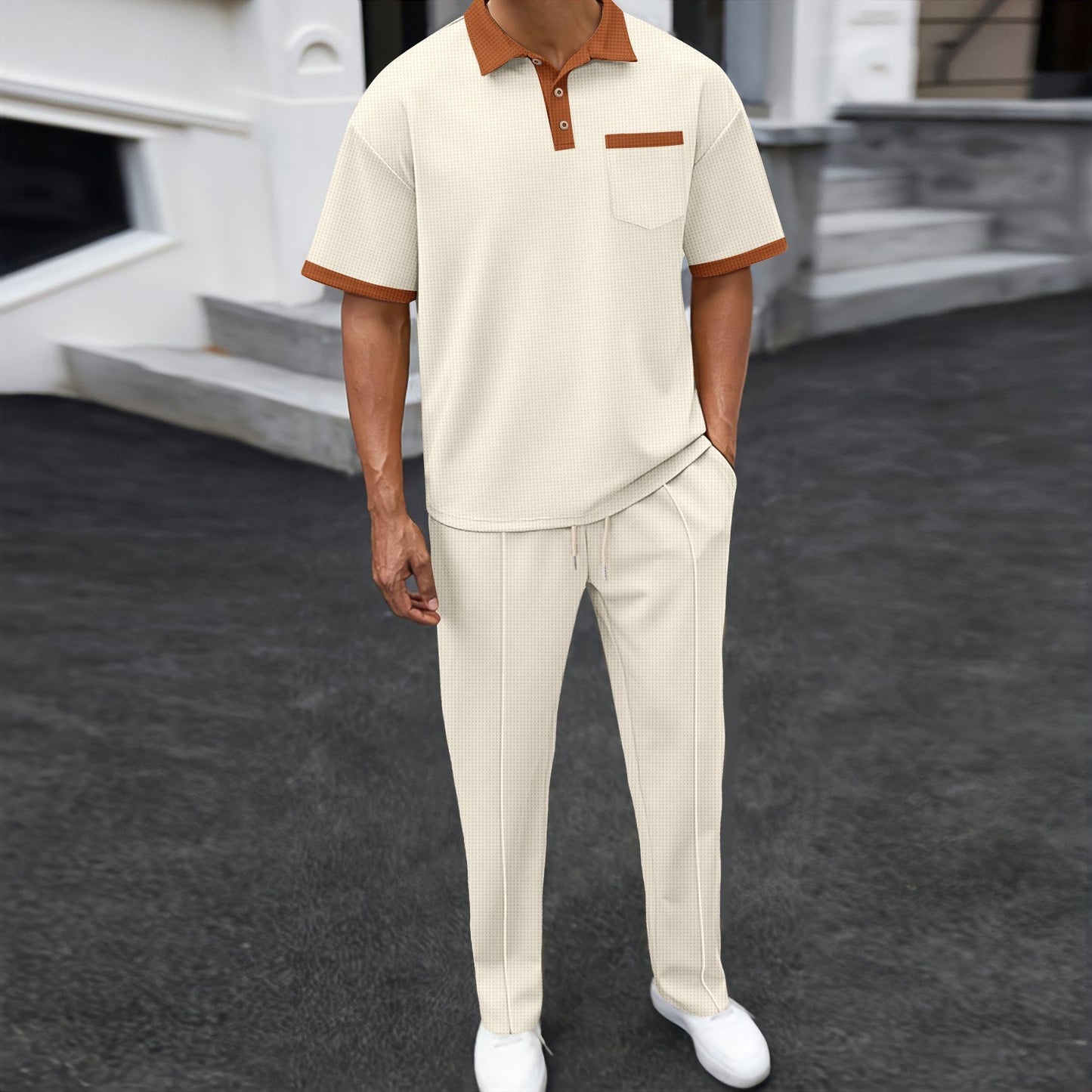 Waffle Lapel Color Matching Short - sleeved Trousers Two - piece Casual Suit - Sophinity
