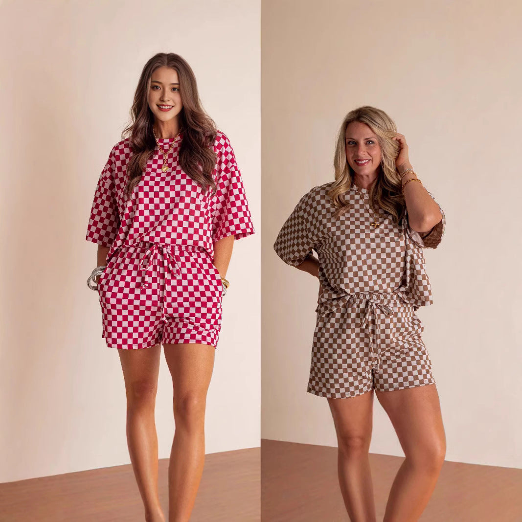 New Comfort Loose Leisure Suit Women's European And American Fashion Plaid Short-sleeved Shirt And Shorts Two-piece Set - Sophinity