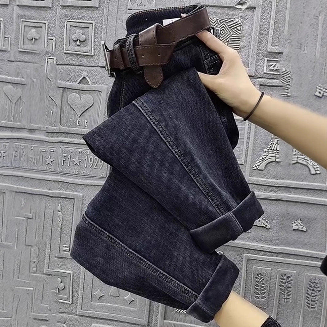 Plus Size Fleece-lined Thickened Straight Jeans Women's Winter Plump Girls High Waist - Sophinity