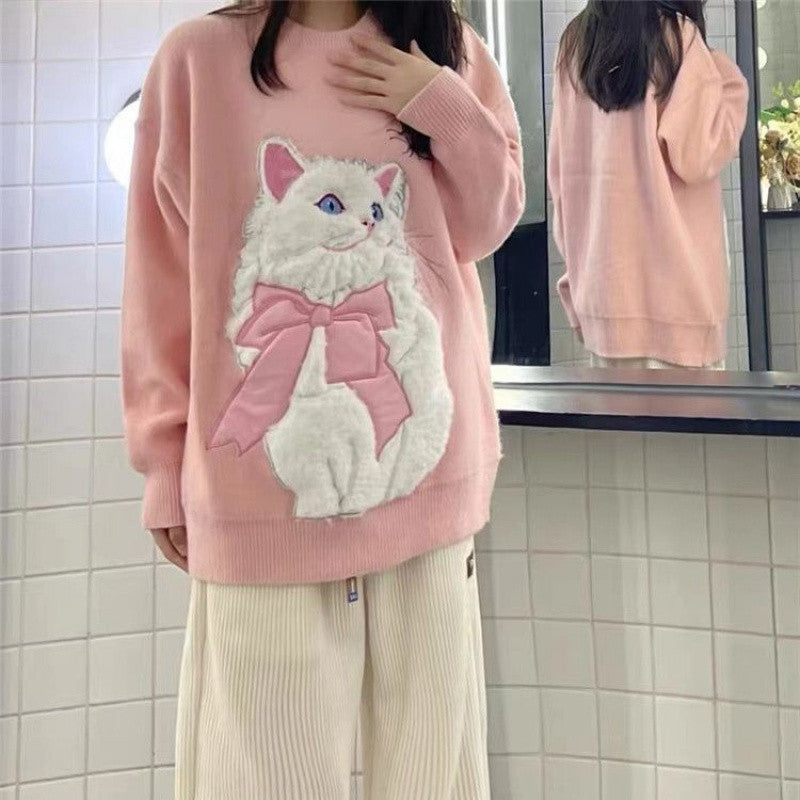 Autumn And Winter Thickening Sweater Dopamine Wear Salt Cute Flocking Cat Design Sweet Girl Style - Sophinity